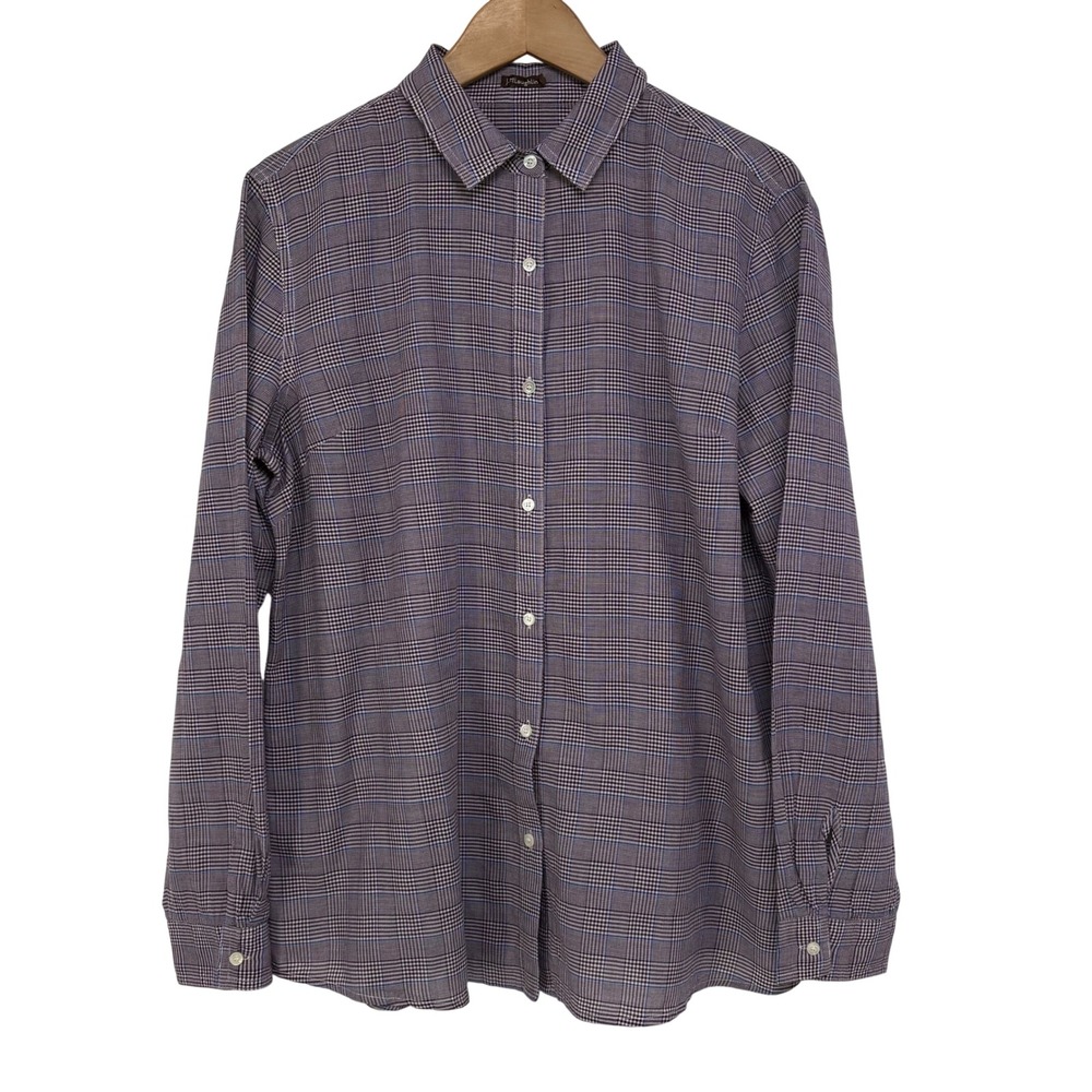 J.McLaughlin Womens Oversized Brown Blue Glen Plaid Cotton Button Up Top M